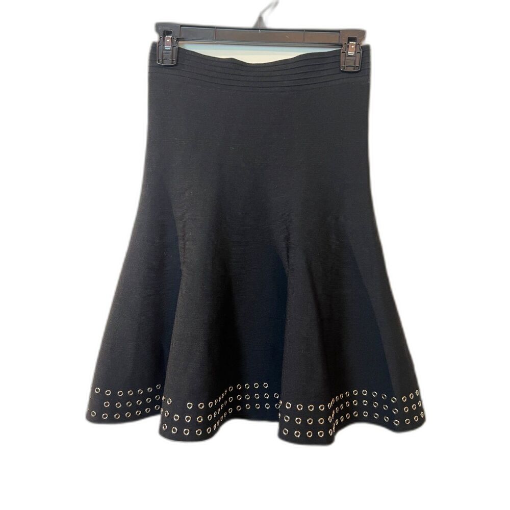 Sandro Paris Black Knit Grommet Eyelet Flare Skirt Sz 2/US 6 French Chic Trendy